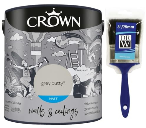 DRW Grey Putty Matt Emulsion Paint 2.5L+3 Paint Brush | Interior Wall and Ceiling Paint | Smooth Flat Matt Finish | Durable Everyday Room Paint for Living Room Bedroom Hallway and Dining Room