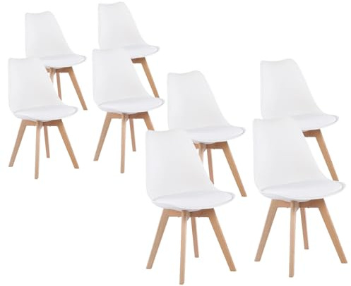 8 Chaises Tulipes Salle à Manger Scandinaves BM Home Salle de Bureau, Pieds en Bois de Hêtre Massif, Blanches