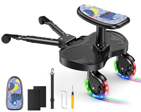 BugyKido Buggy Board mit Sitz, Trittbrett für Kinderwagen Universal mit LED Rollen, Kinderwagen Zubehör für Kinder ab 2-6 Jahren (25 kg), Kinderwagen Zubehör Trittbrett für über 99% der Kinderwagen