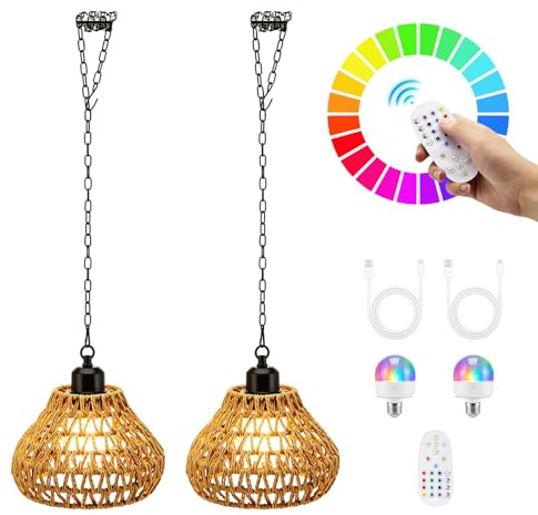Normodic Battery Operated Pendant Lights, 2 Pack Rattan Pendant Lamps Outdoor, Ceiling Hanging Chandeliers with Remote Control, Portable Boho Lampshade Dimmable Lighting for Gazebo Porch Patio Decor