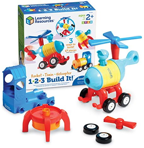 Learning Resources 1-2-3 Build It - Rocket-Train-Helicopter, Fine Motor Toy, Kids Building Set