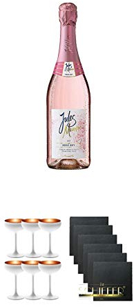 Jules Mumm Sekt Rosè Dry Deutschland 0,75 Liter + Sektschale Stölzle 6 Gläser - Olympic Serie matt-weiß BRONZE 273/88/08 + Schiefer Glasuntersetzer eckig 6 x ca. 9,5 cm Durchmesser