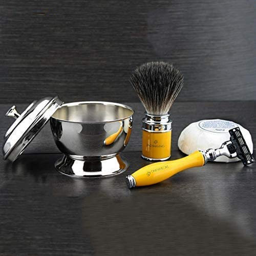 Nassrasur Geschenk Set Schwarz Synthetik Dachs & Triple Edge Kartusche Kompatibel Rasierer + Edelstahl Rasur Schale mit Deckel & Seife > Premium Unzerbrechlich Harz Griffe - 1 Vorinstalliert Kartusche