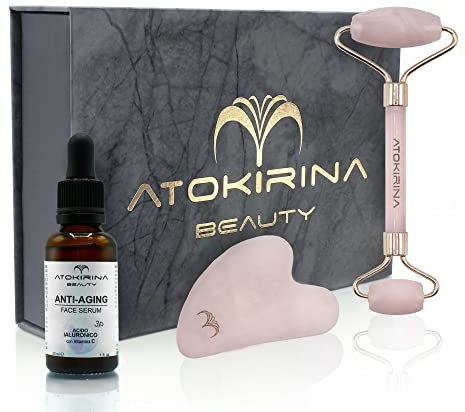 ATOKIRINA Skincare Set Rullo di Quarzo e Gua Sha Pietre Naturali 100% con Siero Anti Età Acido Ialuronico 3P Puro per Massaggio Viso Mento Collo Box Regalo Uomo Donna Made in Italy (Quarzo Rosa)