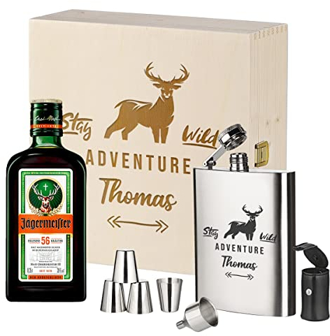 Geschenkset mit Jägermeister 3-TLG - Stamper - Holzkiste, Flachmann und Kräuterschnaps - Ideal für Männer - Personalisierte Geschenkidee - Motiv Polygon Hirsch