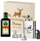Geschenkset mit Jägermeister 3-TLG - Stamper - Holzkiste, Flachmann und Kräuterschnaps - Ideal für Männer - Personalisierte Geschenkidee - Motiv Polygon Hirsch