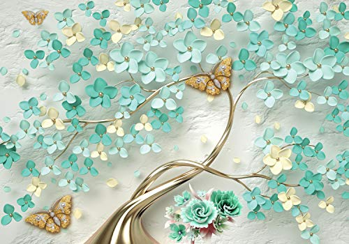 wandmotiv24 Fototapete Blütenbaum Schmetterlinge türkis, XL 350 x 245 cm - 7 Teile, Wanddeko, Wandbild, Wandtapete, Baum Blüten gold Wand M6610