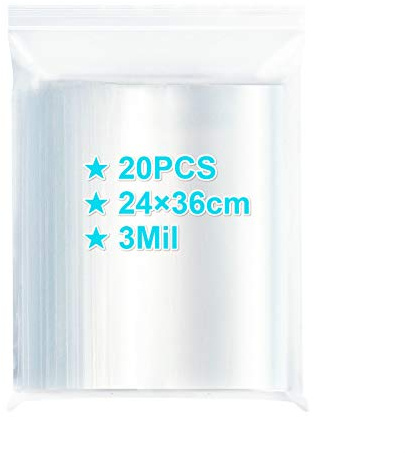 Sacchetti con chiusura a cerniera, 24 × 36 cm, 20 pezzi, 3 Mil extra spesso, in plastica trasparente, richiudibili, con chiusura lampo di chiusura, sacchetti per abbigliamento, congelatore, snack