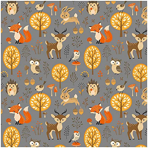 VmG-Store Baumwollstoff Stoffe Meterware Nähen I Nähstoff Kinder Kinderstoff 155cm breit (Tiere im Wald Grau BC017, 100 x 150cm)