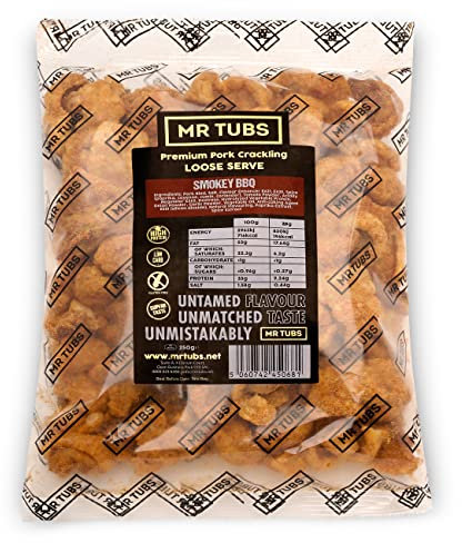 Mr Tubs Corteza de Cerdo 250g a Granel - Corteza de Cerdo Premium, Sin Gluten, Alto Contenido Proteico, Bajo en Carbohidratos, Apto para Dieta Keto (250g, Barbacoa ahumada)