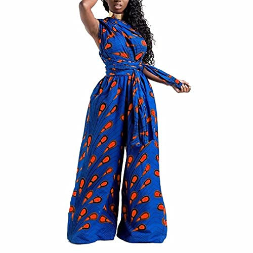 Kissprom Damen Afrikanischer Bedruckter Infinity Jumpsuit Multi-Way Convertible Strampler Lange Weite Bein Piece Hose mit Taschen, Blau bedruckt, Small
