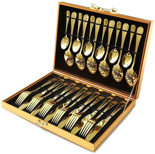 24pcs Luxury Cutlery Set Stainless Steel Knife Spoon Fork Tea Spoons Wedding D.I.L (24PC Gold Spoon Set)