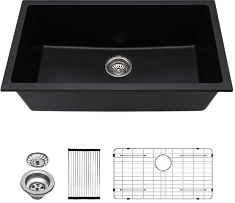 Lordear Black Kitchen Sink 33 Inch Undermount Sinks Quartz Granite Composite Black Single Bowl Under Kitchen Sinks 33x19 Inch