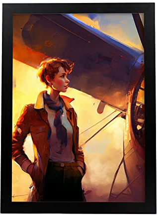 Nacnic Amelia Earhart in voller Farbe Fotostil. Cartoon-Illustrationen berühmter Erfinder und Schöpfer. Innenarchitektur und Dekoration. A3 mit schwarzen Rahmen.
