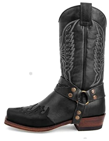 GATURA Stivali da Uomo e Donna Punta Quadrata Tacco Chunky Medievale Vintage Mid Calf Faux PU Pelle Western Cowboy Cavaliere, 35-48, Nero, 42
