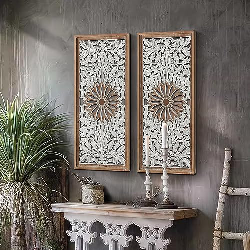 XIAOAIKA Boho Carved Wood Wall Art - Distressed Antique Floral Design Decorative Wall Panels, Large Wood Sculpture for Living Room, Bedroom, Entrance Hall (33 Inches, 2 Panels)