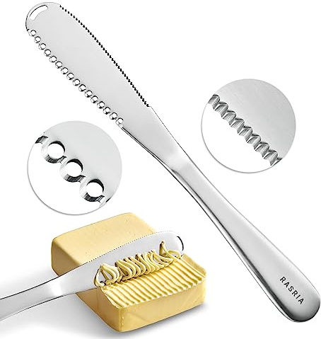 RASRIA 3-in-1 Stainless Steel Butter Knife for Cold & Hard Butter – Butter Spreader, Curler & Slicer with Crescent Hole