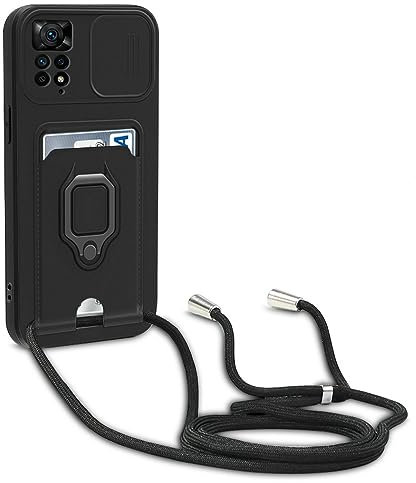 Dllatui Handyhülle Kompatibel mit Xiaomi Redmi Note 12 Pro 4G Halsband Lanyard Silikonhülle,mit Kamera Schutz Schieber,Drehbarer Ständer mit Kartenfach Necklace Hülle (Schwarz)