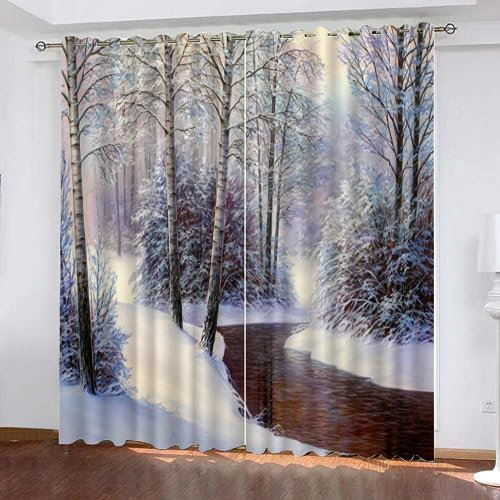 LUDSOL 3D Schneewald Muster Vorhänge Klarer Strom Verdunkelung mit Ösen Vorhänge Kälteschutz Thermo Gardinen 245×140cm 2 Stücke (HöhexBreite) für Fenster Home Dekoration