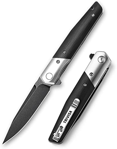 TRIVISA Klappmesser, Gentleman Messer, Einhandmesser, Scharfes Taschenmesser mit Clip, EDC & Outdoor Jagdmesser, 9cm K110 Stahlklinge mit Flipper, G10, Liner Lock. - ink. Geschenkbox. Leominor-03B