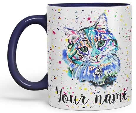 Vixar Personalised with Your Text Blue Cat Kitten Feline Watercolour Art Coloured Ceramic Mug Cup Gift 330ml 11oz Custom Work Office Tea Coffee (Navy)
