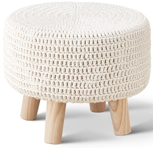 Wimarsbon Pouf Ottomane, 100% Baumwolle Gestrickter Boho Fußhocker, Runde Fußstütze mit rutschfesten Holzbeinen, Home Decor Handgefertigter Pouf, Freizeit Boden Tritthocker für Wohnzimmer (Beige)