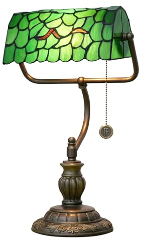 Blivuself Tiffany Stil Grün Bankers Schreibtischlampe Buntglas Lampen Baum Blatt Vintage Schlafzimmer Nachttisch Studie Pull Kette Lesetischlicht Retro Büro Led Antik Akzent Deskla
