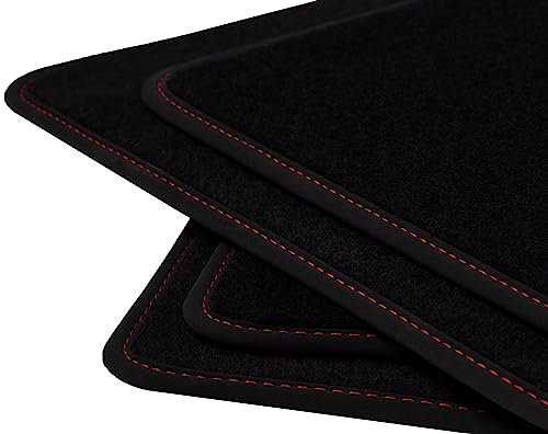 Velours Fußmatten Satz für Volkswagen Golf II (1982-1992) Nubukleder Schwarz, Naht: Rot - 4-teilig - Passgenau