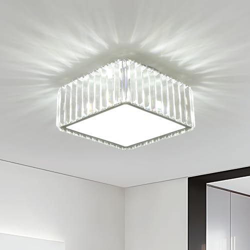 FORCOSO Kristall Deckenleuchte 4 Flammig, ø30cm Kronleuchter Chrom mit Metall Quadratisch Rahmen Lampenschirm, Sockel G9 Deckenlampe, Moderne Ceiling Light Lampe für Schlafzimmer Wohnzimmer Flur Küche