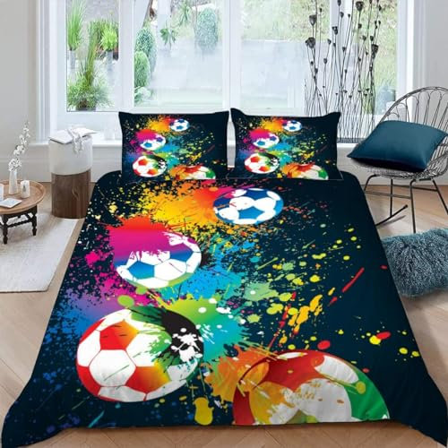 MEVASA Kinder Bettwäsche Fußball Graffiti-Kunst 155x220 für Mädchen und Jungen - Hypoallergen Flauschige 3-Teilige Set aus Mikrofaser Mit Reißverschluss