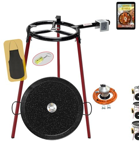 COMBOI Paellero gas butano 30 cm, paella Kit Quemador, paellera esmaltada de 42 cm, Regulador de gas, Manguera, Patas Soporte, nivel, delantal, Libro de Recetas digital