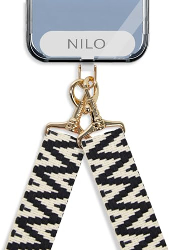 NILO® Set | Handykette Universal - schwarzer & weißer Handyhüllenadapter mit Band | Universaladapter Breite 6cm | Black Pansy Handyband | Karabiner Gold