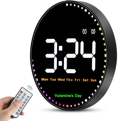 10 Large Digital Wall Clock, Plug-in Alarm Clock, 12/24H Gym Clock with Remote Control/Count Up & Down/10-Level Dimming/Dual Alarm/Day/Date/TEMP/Colorful Light/Festival LED Wall Clock for Living Room