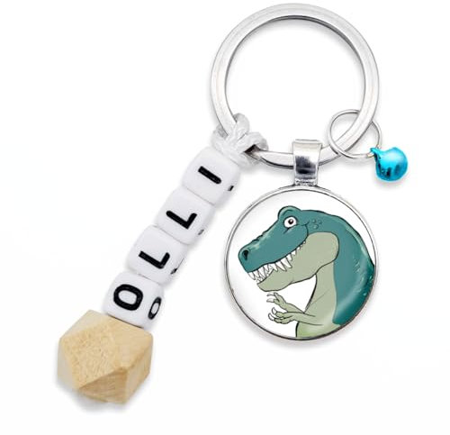 Schlüssel- Taschenanhänger für Kinder mit Name Namensschild (T-Rex)