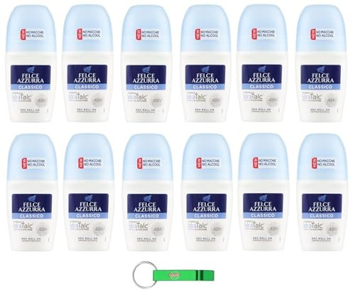 12 X Felce Azzurra – Deodorante Roll On Classico con Formula IdraTalc, efficacia 48 ore, senza macchie, senza alcool, deodorante da 50 ml + portachiavi Beni Culinari