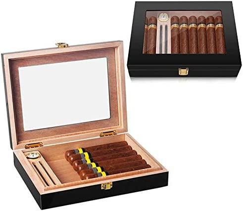Zigarren-Humidor-Etui, kleine Humidor-Zigarrenbox mit Hygrometer und Luftbefeuchter, mit Zedernholz ausgekleidetes Zigarrenetui für 20 Zigarren, poliertes Klavierschwarz