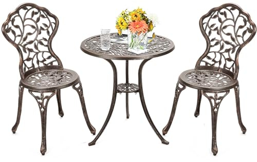 COSTWAY 3 Pieces Patio Bistro Set, Cast Aluminum Outdoor Table and 2Chairs, Weather Resistant Garden Dining Furniture Set for Balcony Backyard Poolside, Antique Bronze