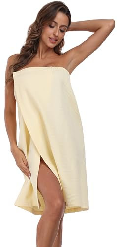 goodmansam Waffelpique Saunakilt Saunatuch Damen Sauna Frottee Bademantel Schnelltrocknend Badeponcho mit praktischem Schnellverschluss Klettverschluss, Gelb