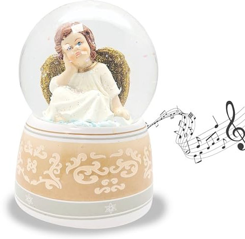 Schneekugel Weihnachten Engel weiß Gold verträumt | Sockel mit Ornamenten | mit Spieluhr „Wassermusik | Höhe: 140mm Breite: 100mm | 20039