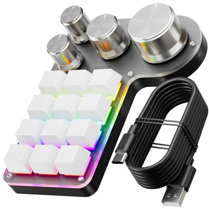 Docooler Programmable Macro Keyboard 12-Keys 4 Knob Gaming Keypad with USB Wired+BT Dual Mode Multi-Purpose Shortcut Custom Keypad for PC Desktop