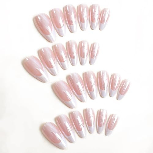 TSUOUKL 24pcs French Tipp Press on Nails Mandel Gefälschte Nägel Chrom False Nails Glänzend Vollabdeckung Falsche Nägel, Klebe Akrylische für Frauen Maniküre