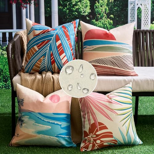 Velvhom Boho Kissenbezug 40 x 40 cm Wasserfest Palmblätter Dekorative Kissenhülle Frühling Sommer Sonne und Strand Outdoor Kissen Zierkissen Bezug für Couch Sofa Garten Hof Balkon, 4er-Set