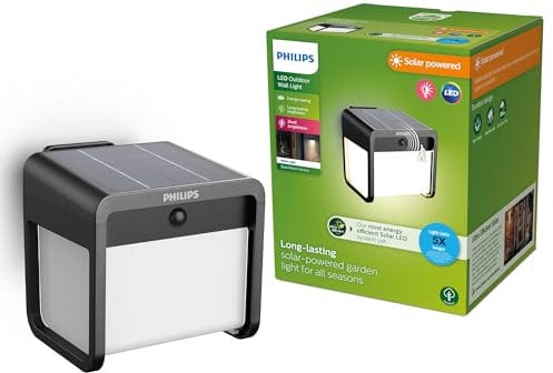 PHILIPS Ezra UltraEfficient Outdoor Solar Wall Light with Sensor, 3000K, 250/25lm, Black