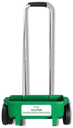 My Garden Lawn Spreader 12 Litre Rotary Seed Grit Salt Spreader with Protective Roof & 110CM Long Handle Grass Spreader on Wheels Adjustable Speed Rate On/Off Ideal for Garden Outdoor Pathways (Teal)
