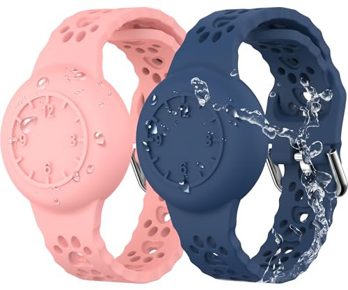 MHYALUDO Tragbar Armband für Apple Airtag, 2er-Pack, wasserdichtes Silikonarmband mit GPS-Tracking, Atmungsaktiv Anti-Verlust für Airtag-Halter, Mitternachtsblau/Pink