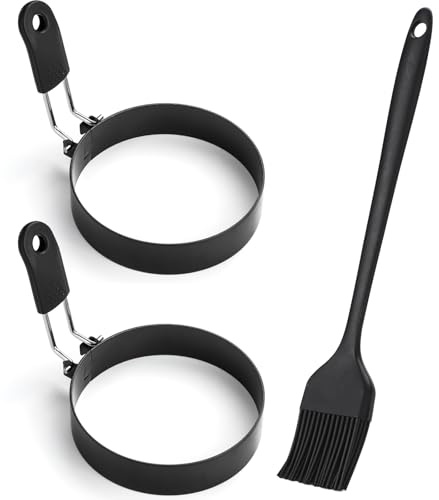 Stainless Steel Egg Rings Set 3.5 Inch Round Egg Mold for Frying and Griddle with Oil Brush (2 Rings 1 Brush)