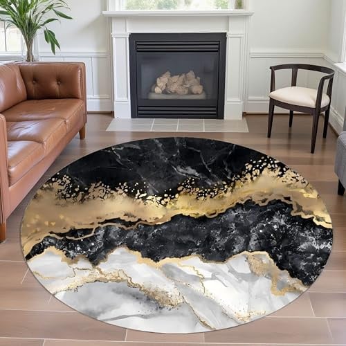 YJDRUG Modern Abstrakter Runder Teppich 100cm - Schwarz Grau Gold Marmor Textur, rutschfeste maschinenwaschbare Akzent-Auslegware für Wohnzimmer, Schlafzimmer, Zuhause