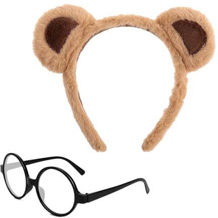 Yuwnd Bären Ohren und Retro Runde Brillen, Chipmunks Ohren, Niedliche Cartoon Bear Ears, Mode Alvin Und Die Chipmunks Ohren für Halloween Weihnachten Karneval und Partys Cosplay (Braun)