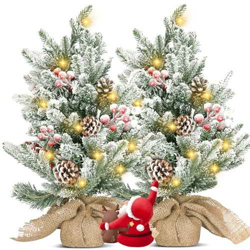 Aigostar Árbol de Navidad con Luces Incorporadas 50cm 2pcs, Árbol de Navidad Pequeño Decorado con Nieve Artificial, Piñas y Frutos Rojos, Ideal para Salón, Dormitorio o Habitación Infantil