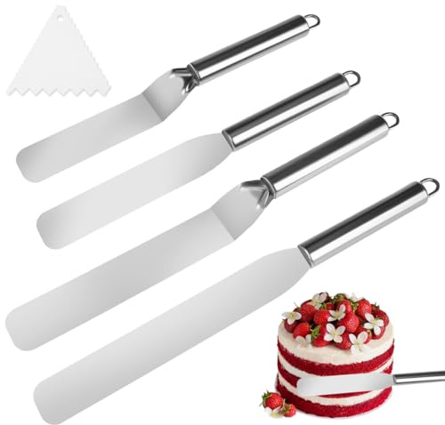 4 Pièces Spatules Coudées à Pâtisserie en Acier Inoxydable avec 1 Grattoir